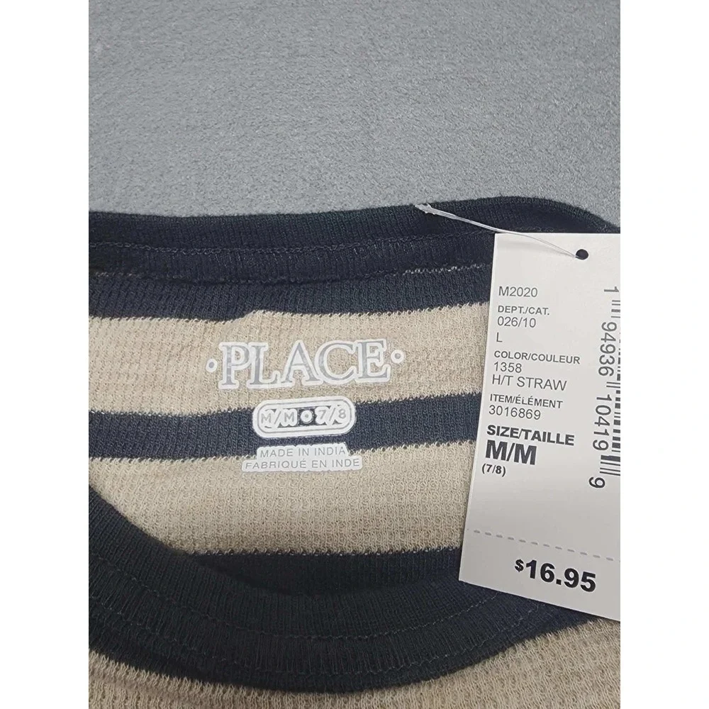 The Children's Place Boys Striped Thermal Shirt Navy Waffle Knit Size M 7/8